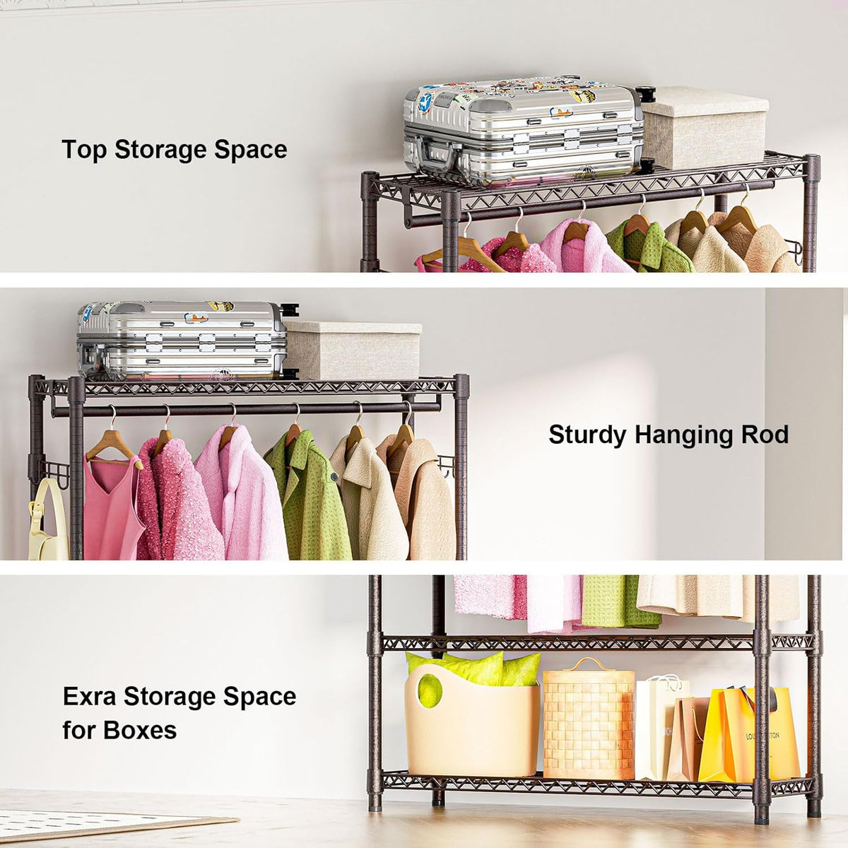 Heavy Duty Rolling Garment Rack 3 Tiers Adjustable Wire Shelving Clothes Rack with 1 Rods and Side