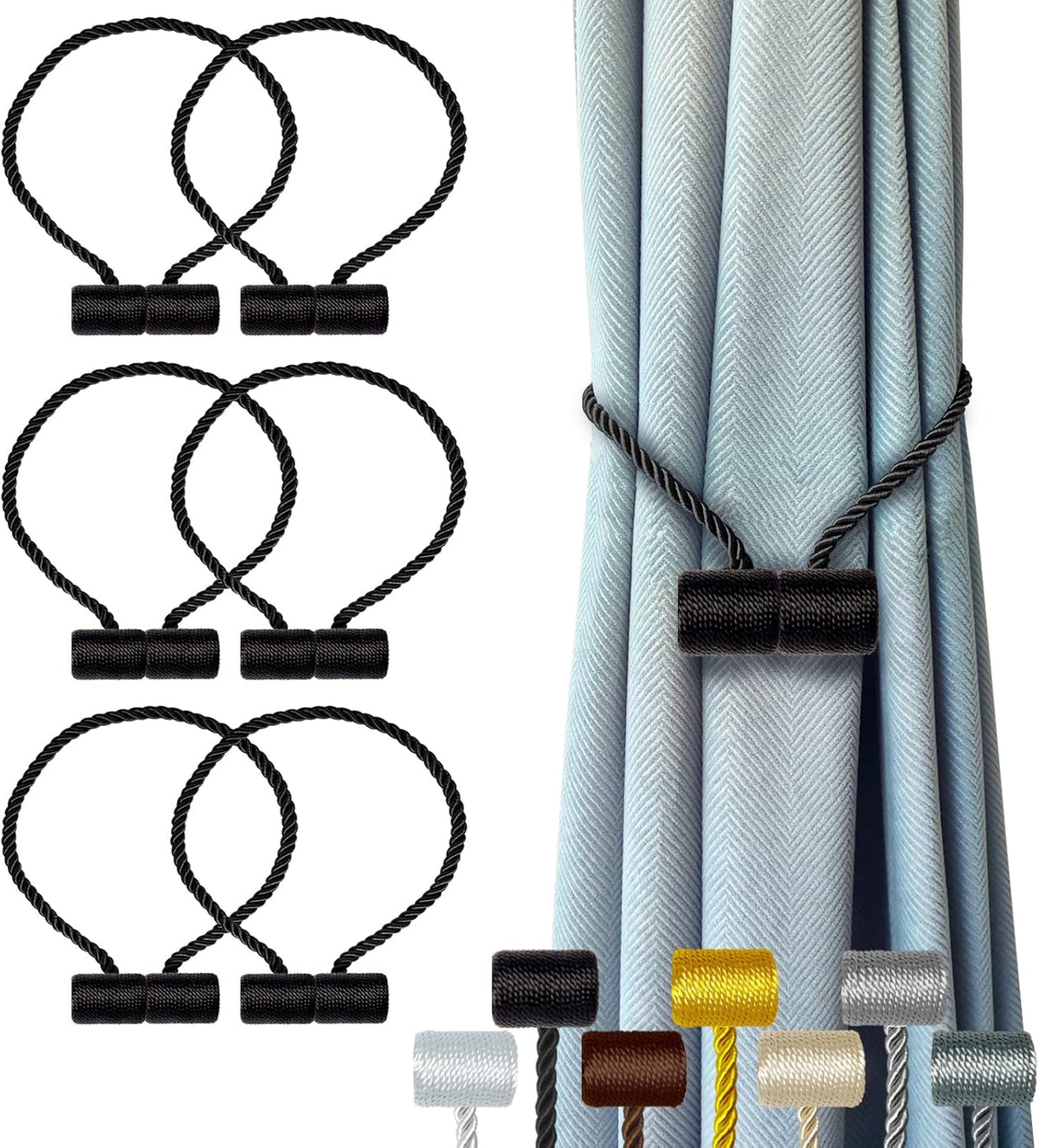 Hion Magnetic Curtain Tiebacks Black 6 Pack, Curtain Tiebacks Buckles Holdbacks Holders Hooks Clip