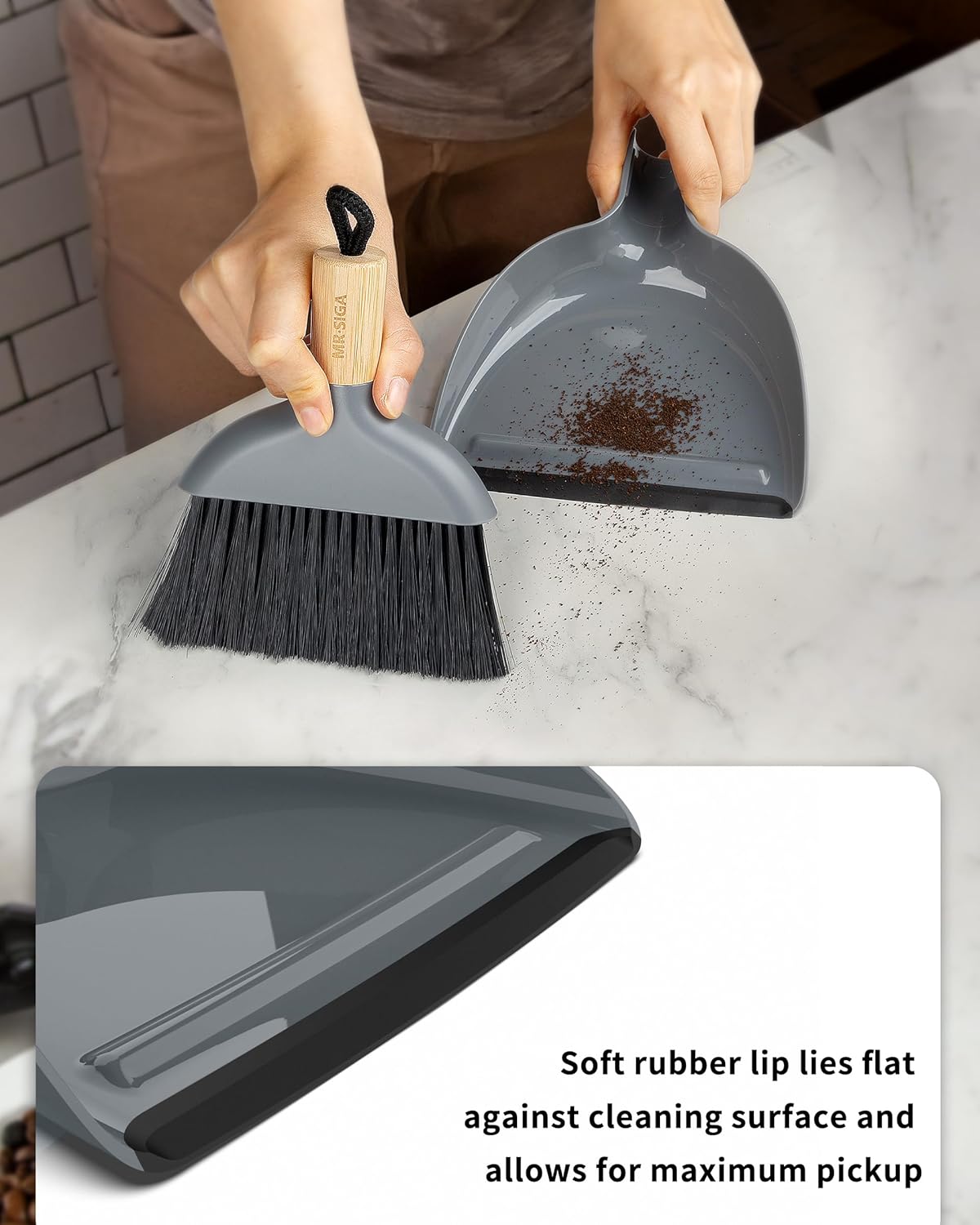 MR.SIGA Mini Dustpan and Brush Set, Portable Cleaning Brush and Dustpan Combo with Bamboo Handle