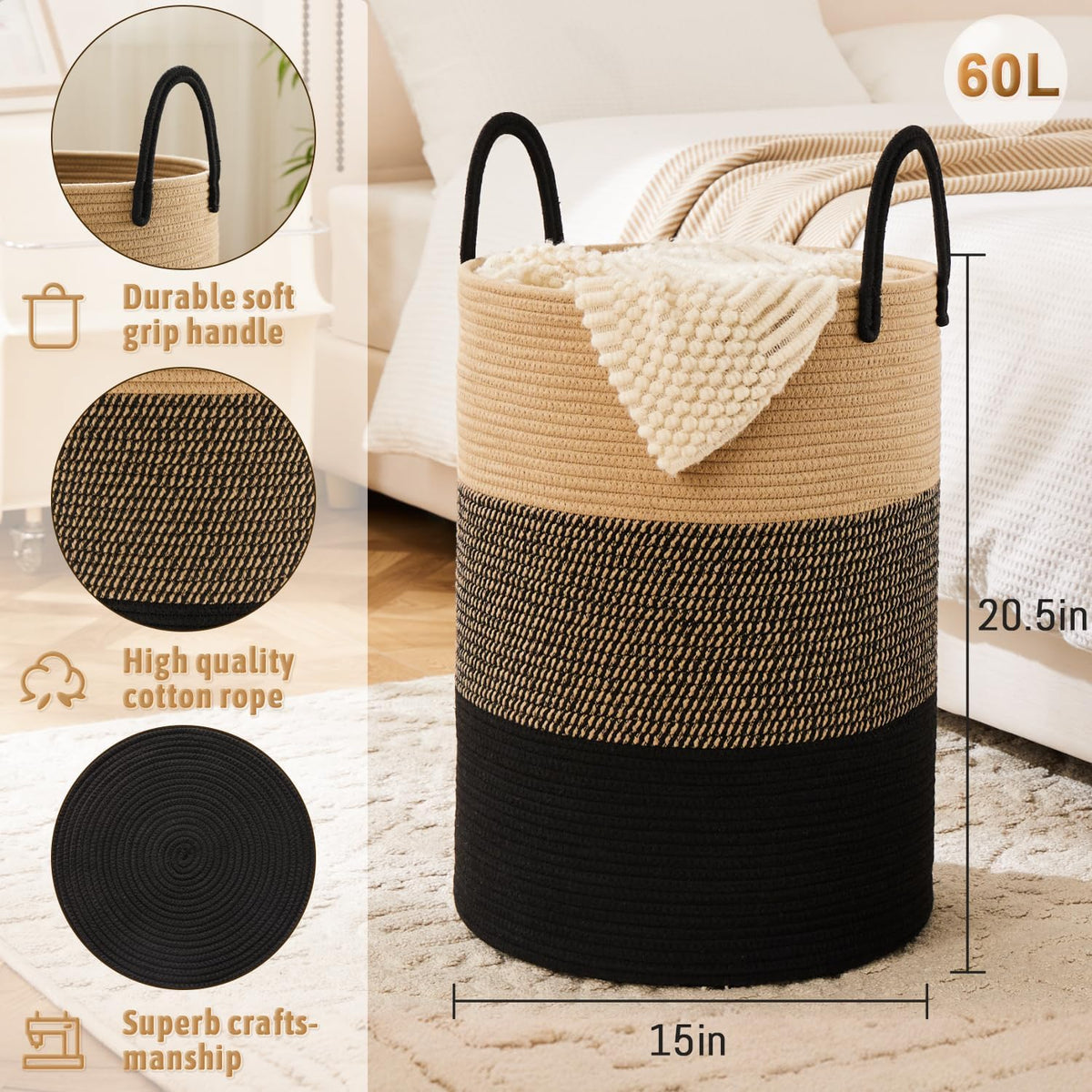Laundry Basket,Woven Cotton Rope Laundry Hamper,60L for Decorative Storage of Dirty Clothes,Toys