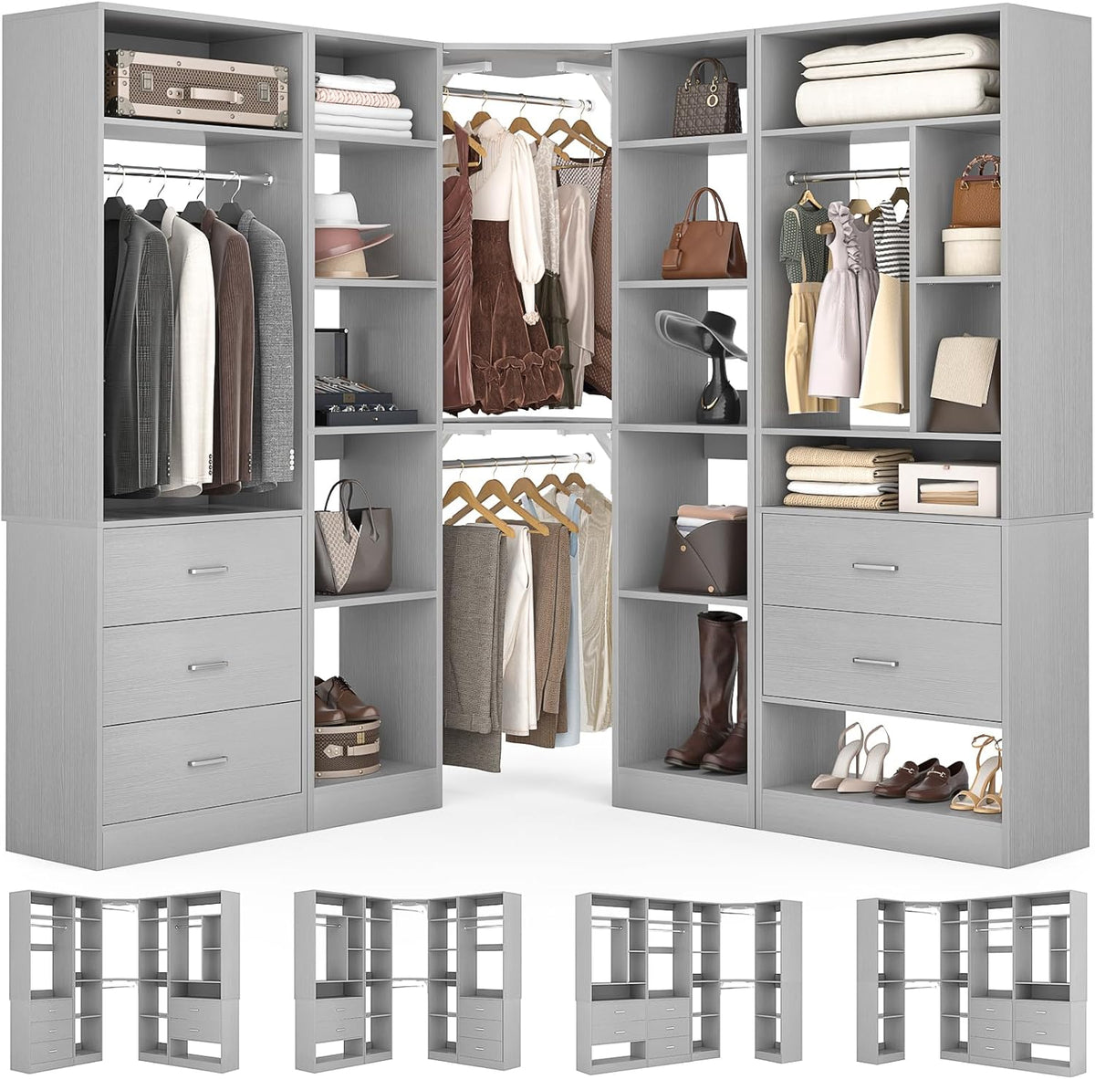 Corner Closet System with 5 Drawers, Closet Organizer System with 15+Shelvess & 4 Hanging Rods