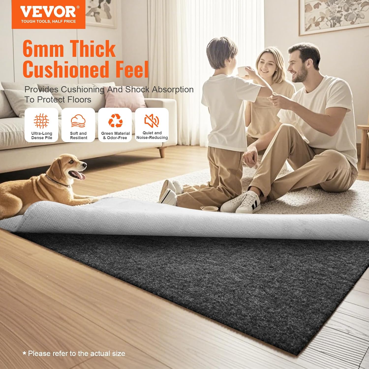 VEVOR Slip-Resistant Rug Pad, Protective Cushioning Carpet Pad, 2'x8' (7.87' Actual) - 1/4"Thick