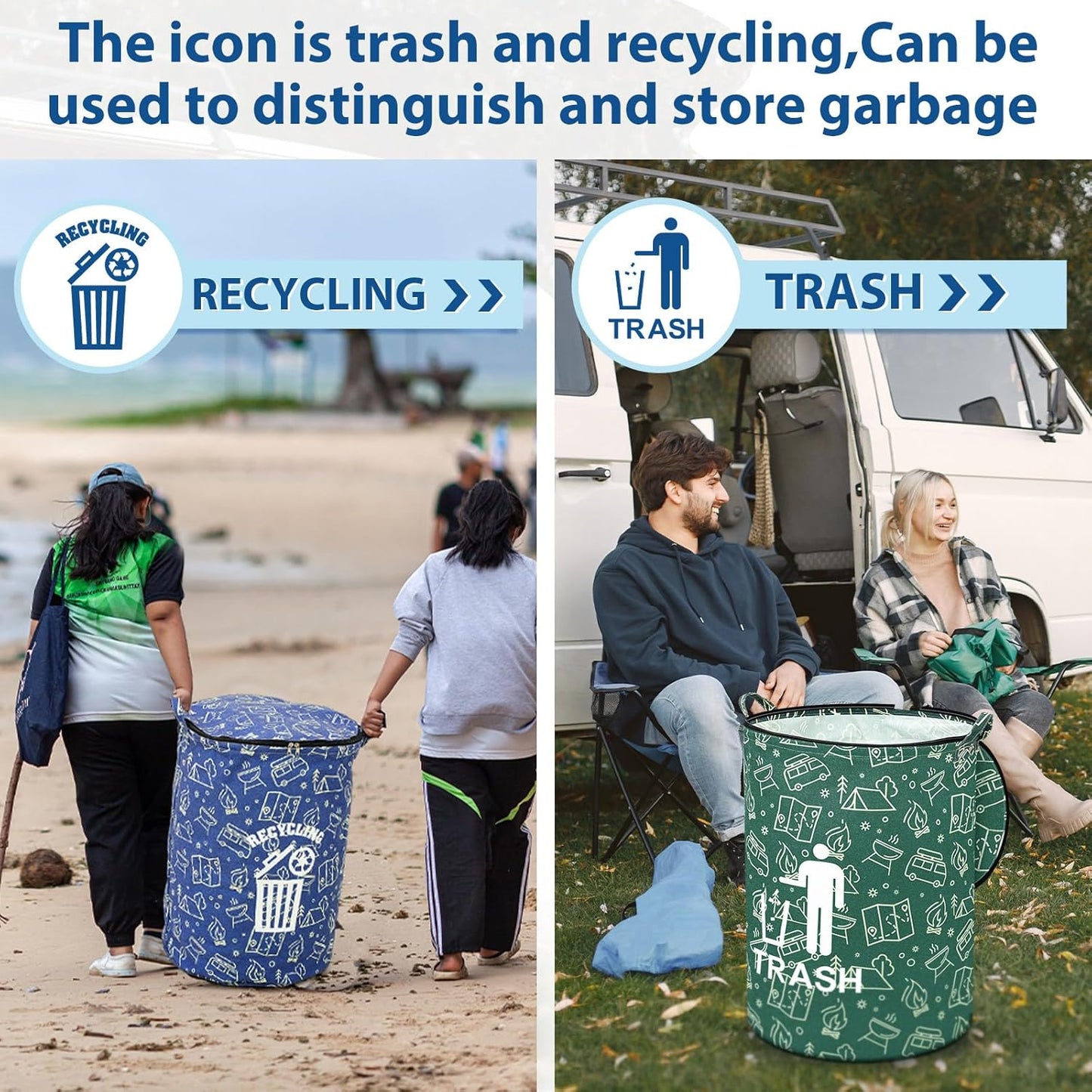 2 Pack Collapsible Trash Can Camping with Zippered Lid Foldable Storage Bin Portable Garbage Can
