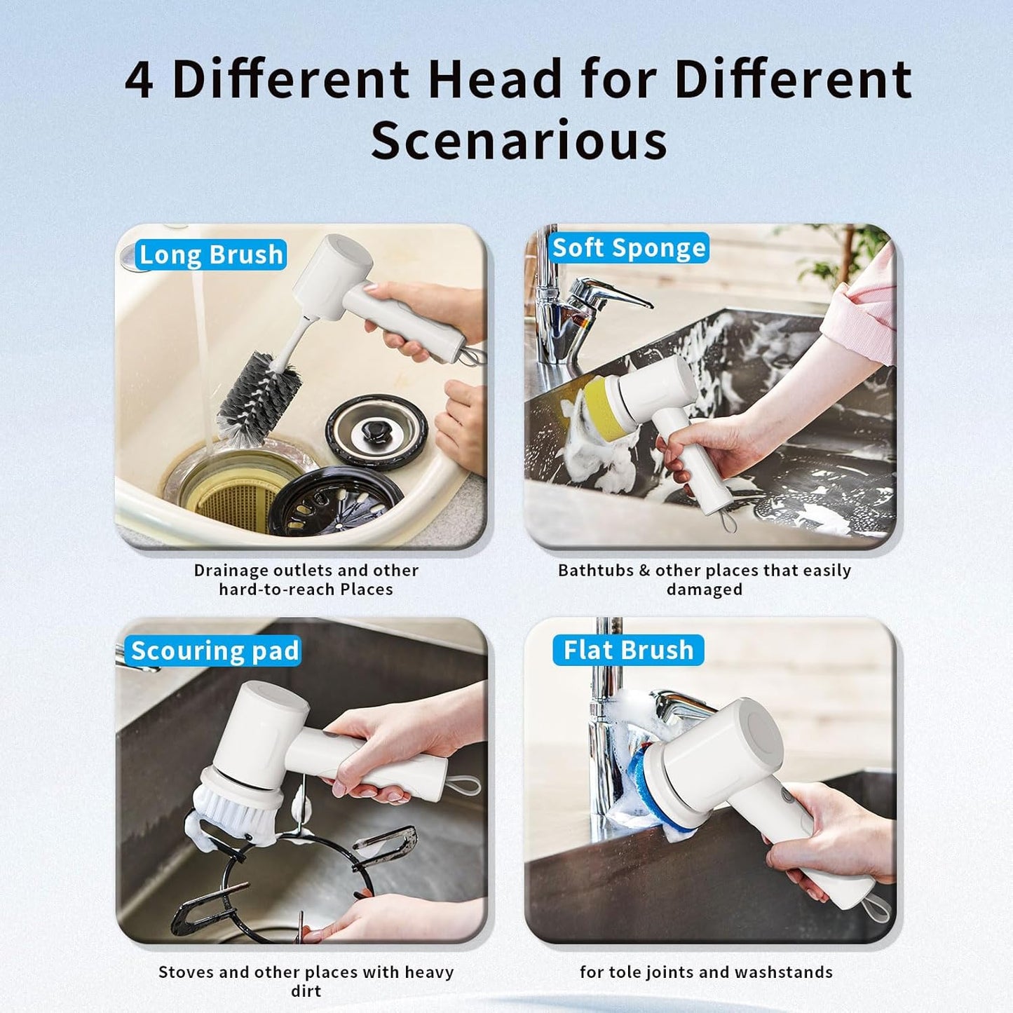 Electric Scrubber Spin- Rechargeable Cordless Handheld Spin Brush with 4 Replacement Brushs with 2