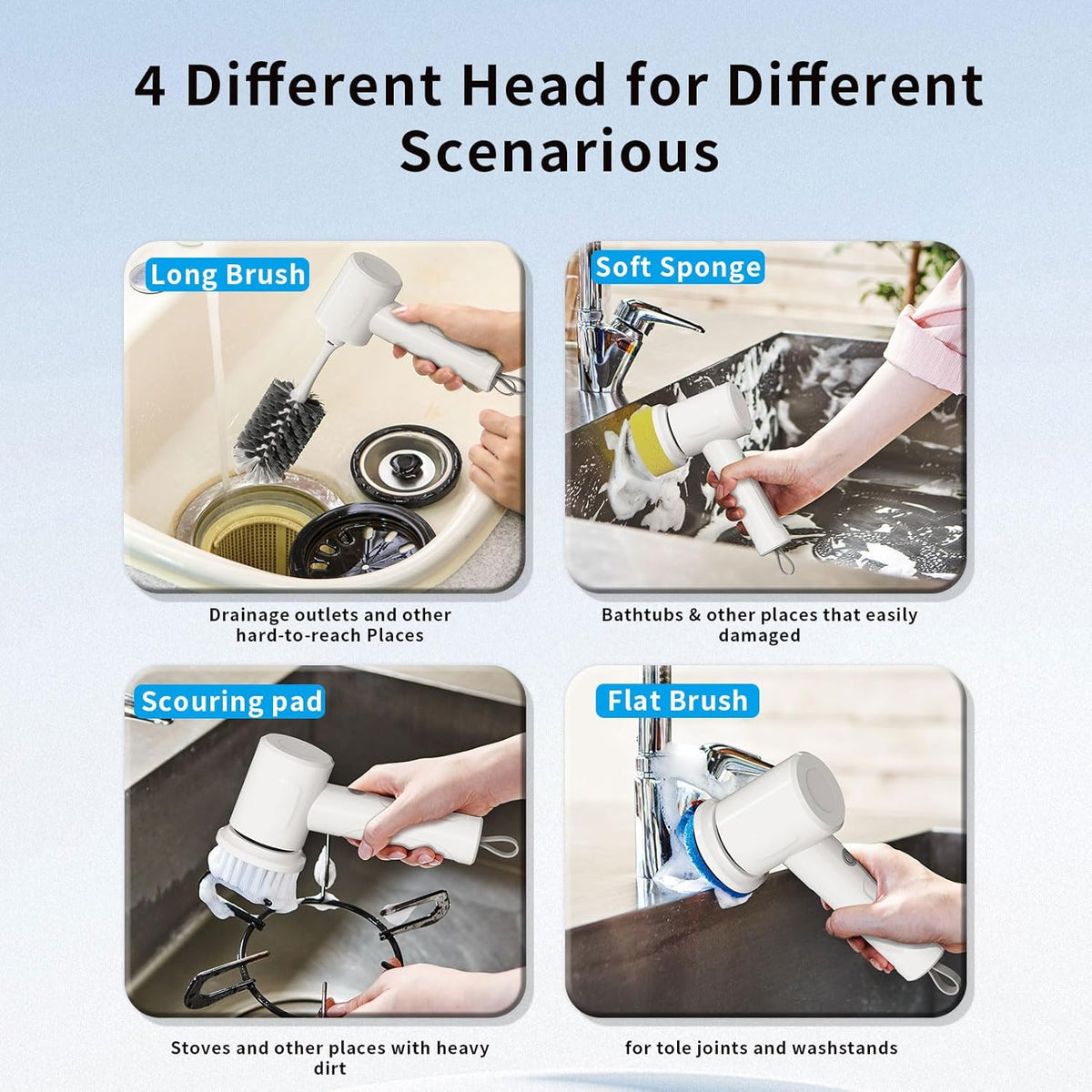 Electric Scrubber Spin- Rechargeable Cordless Handheld Spin Brush with 4 Replacement Brushs with 2
