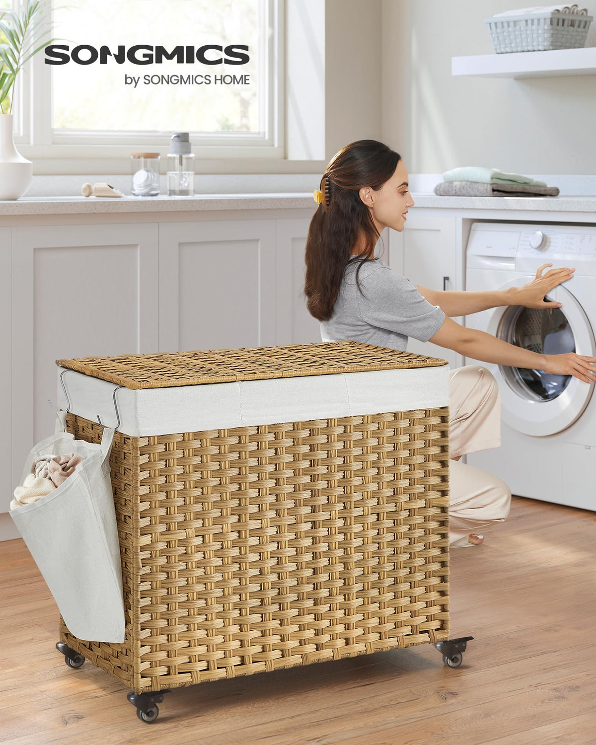 SONGMICS Laundry Hamper with Lid, 42.3 Gallons (160 L), Rolling Laundry Basket with Wheels