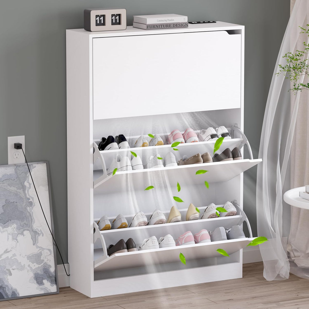 Shoe Cabinet with Odor Control and Back Panels, Deodorizing Slim 3-Flip Shoe Storage Cabinet for