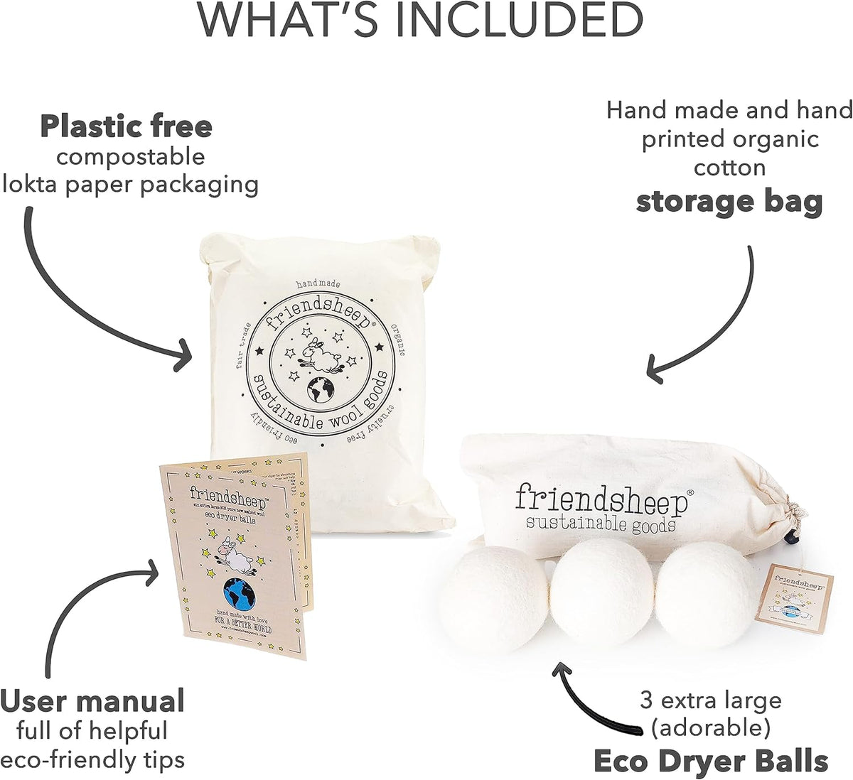 Friendsheep Wool Dryer Balls, Organic Reusable Fabric Softener Alternative for Laundry, Handmade