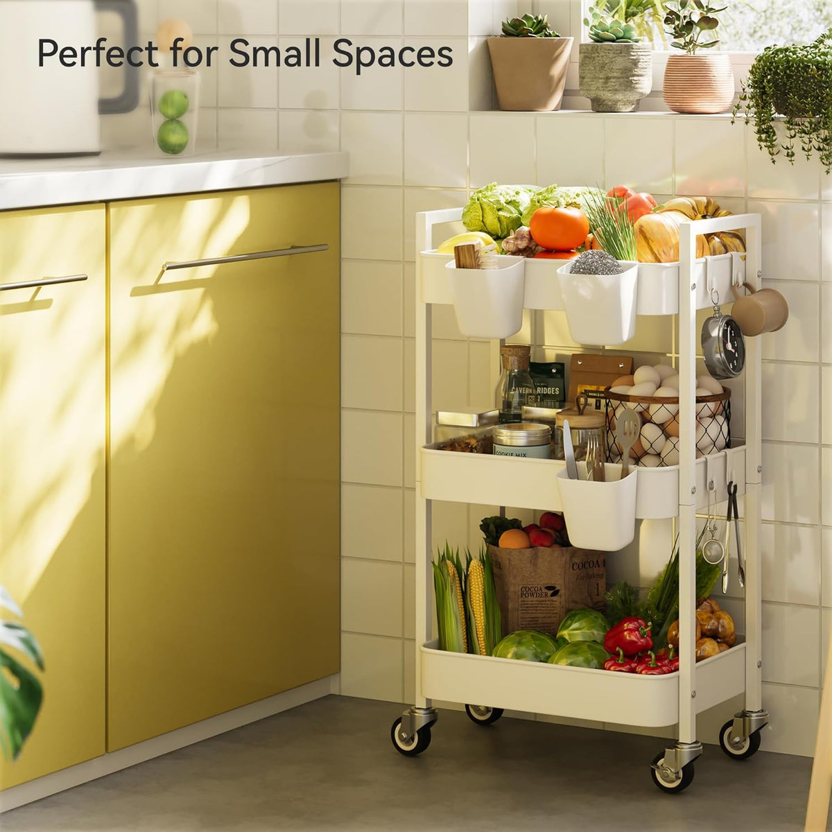 3 Tier Rolling Cart,Utility Cart with Locking Wheels, Hanging Cups,&Hooks, Heavy Duty Metal Storage