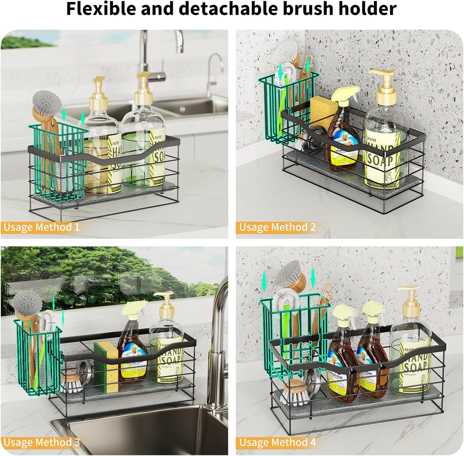 Sponge Holder for Kitchen Sink, Stainless Steel Sink Caddy and Drying Rack with Absorbent Stone