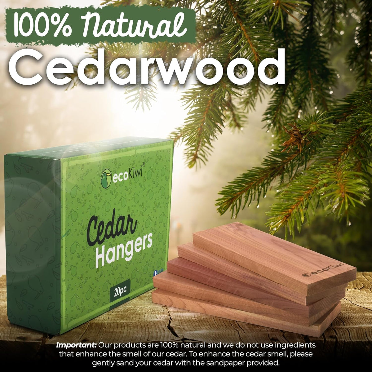 ecoKiwi Cedar Blocks for Clothes Storage - 20 Pack Hang Ups - 100% Natural Aromatic Cedar Planks