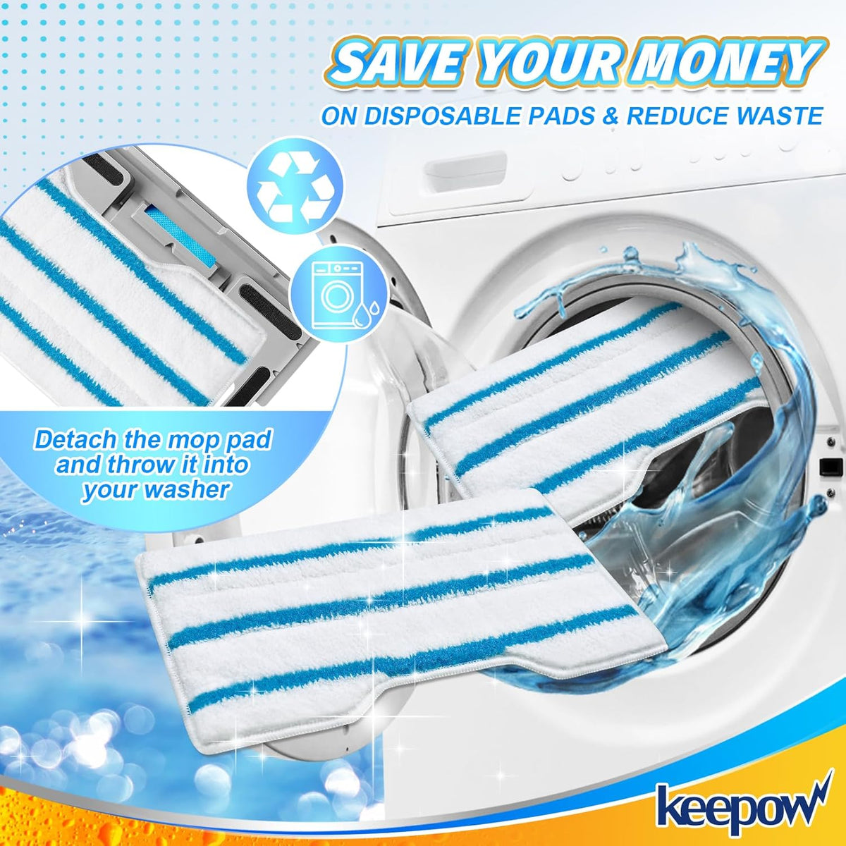 KEEPOW Reusable Mop Replacement Pads, Mop Pads Refills Compatible with Shark Vac Mop VM252 VM200