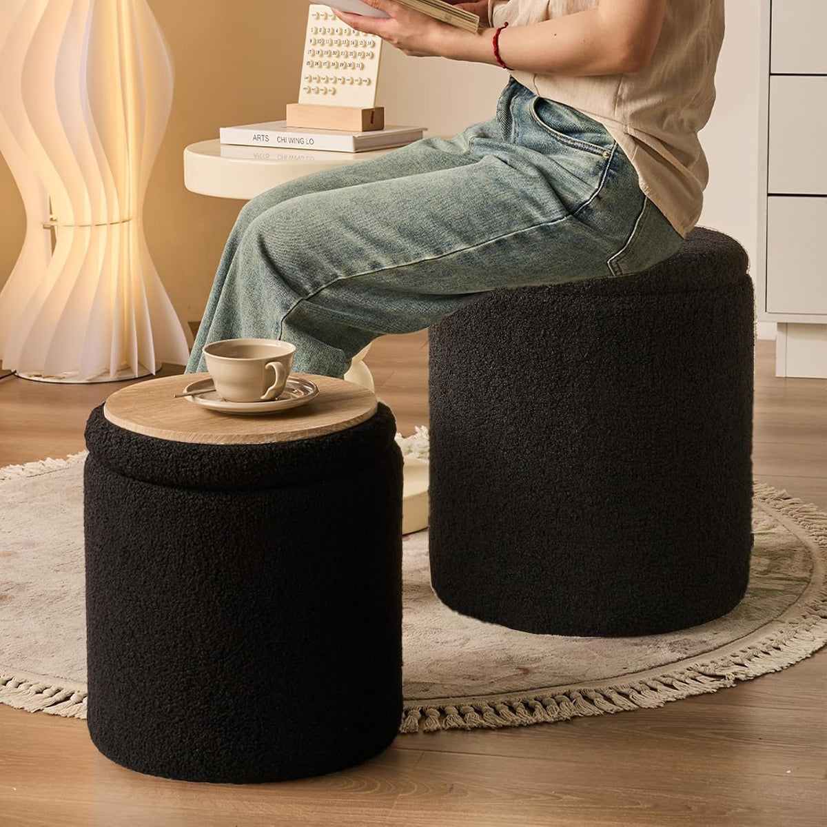 Round Ottoman with Storage Set of 2-Upholstered Sherpa Vanity Stool for Makeup Multifunctional