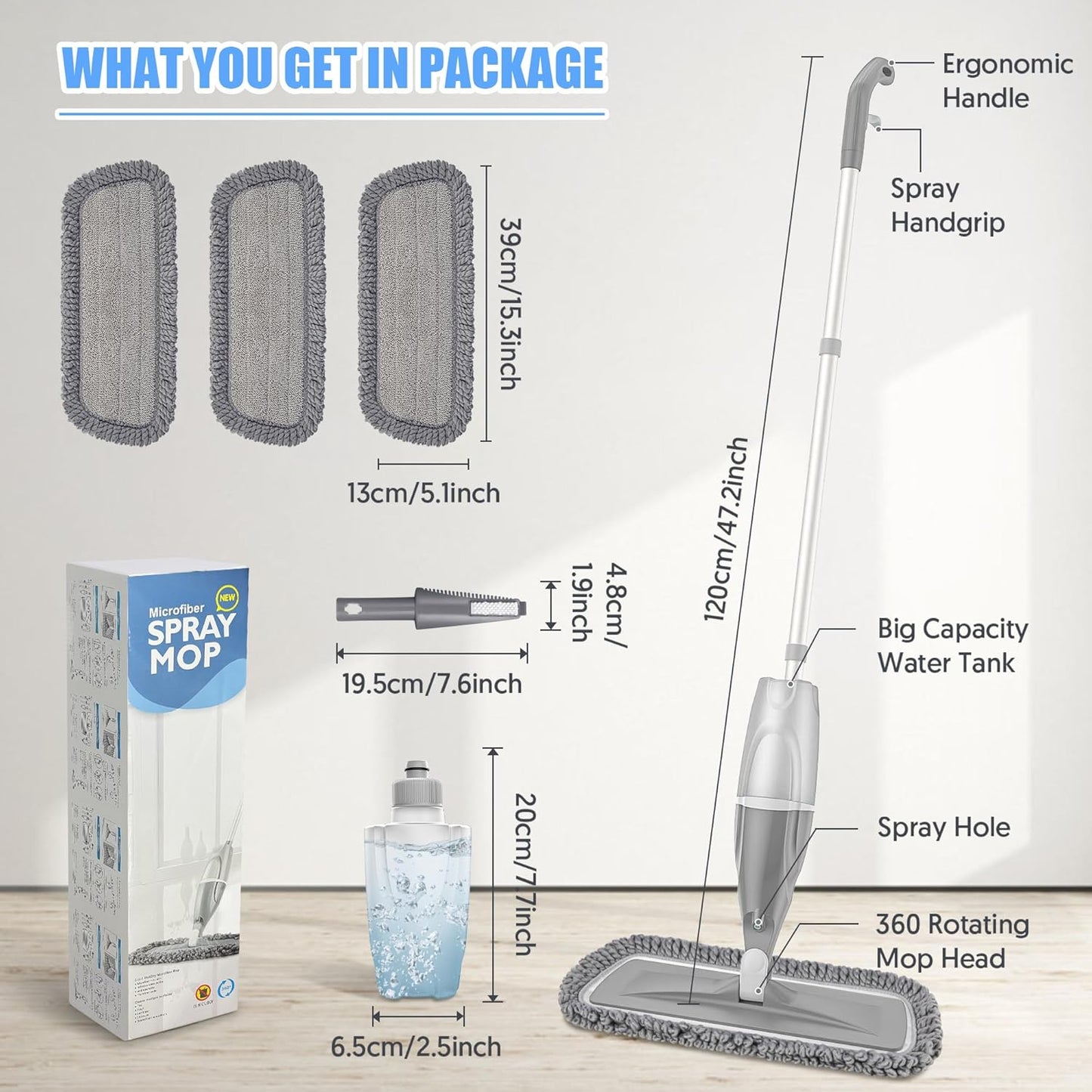 Microfiber Spray Mops for Floors Cleaning: EXEGO Dust Mop Wet Mop with 3 Washable Resuable Pads