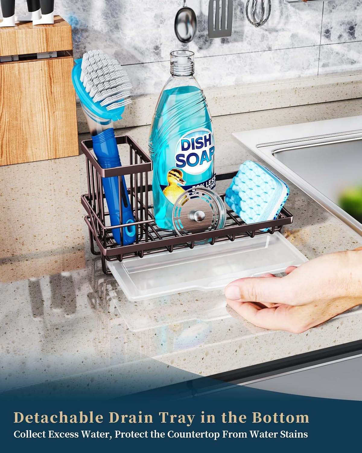 Consumest Sink Caddy Kitchen Organizer, Sponge Holder for Kitchen Sink with Removable Drip Tray for