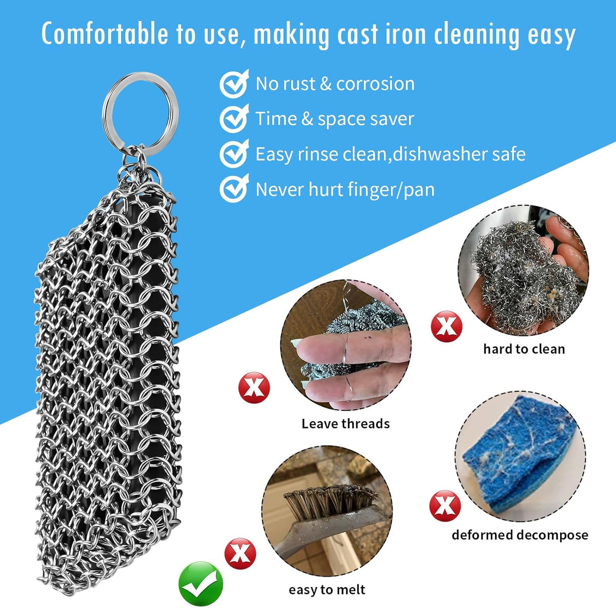 Herda Chain Mail Cast Iron Cleaner Scrubber,316 Chainmail Pan Scrubber Metal Cleaning Brush, Pad