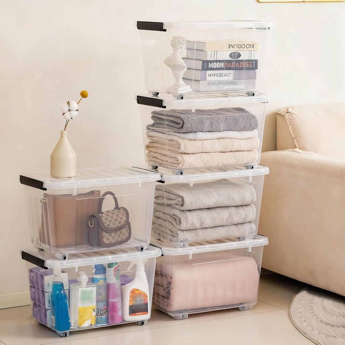 Citylife 54 QT Clear Plastic Storage Bins with Lids Stackable and Nestable Storage Boxes with Lids