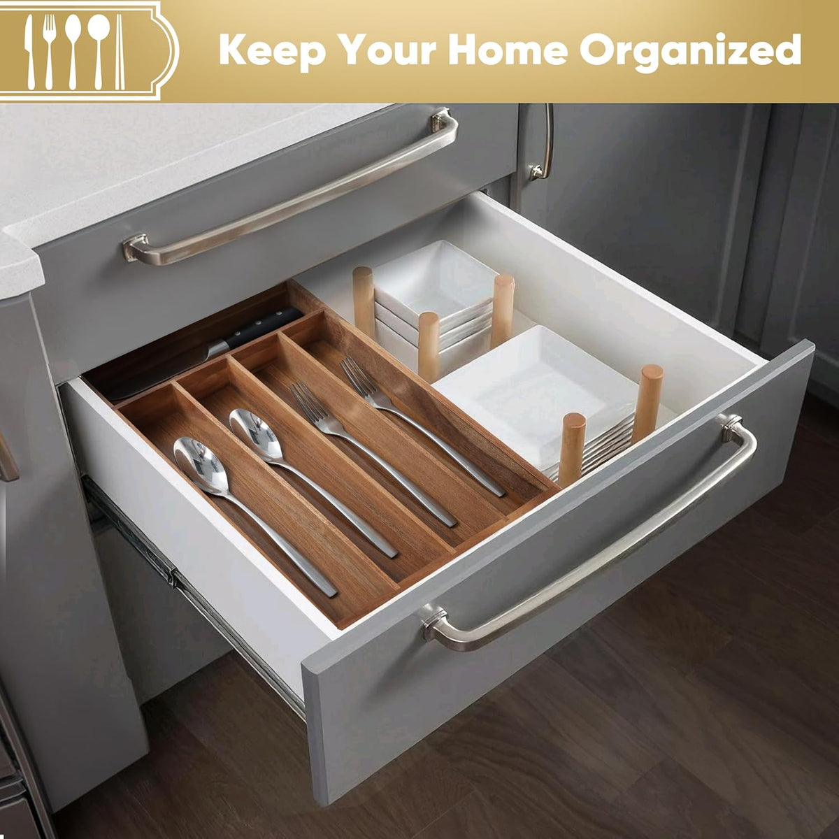 Silverware Organizer, 2 Pack 10 Inch Utensil Organizer Kitchen Drawer Organizer Acacia Silverware