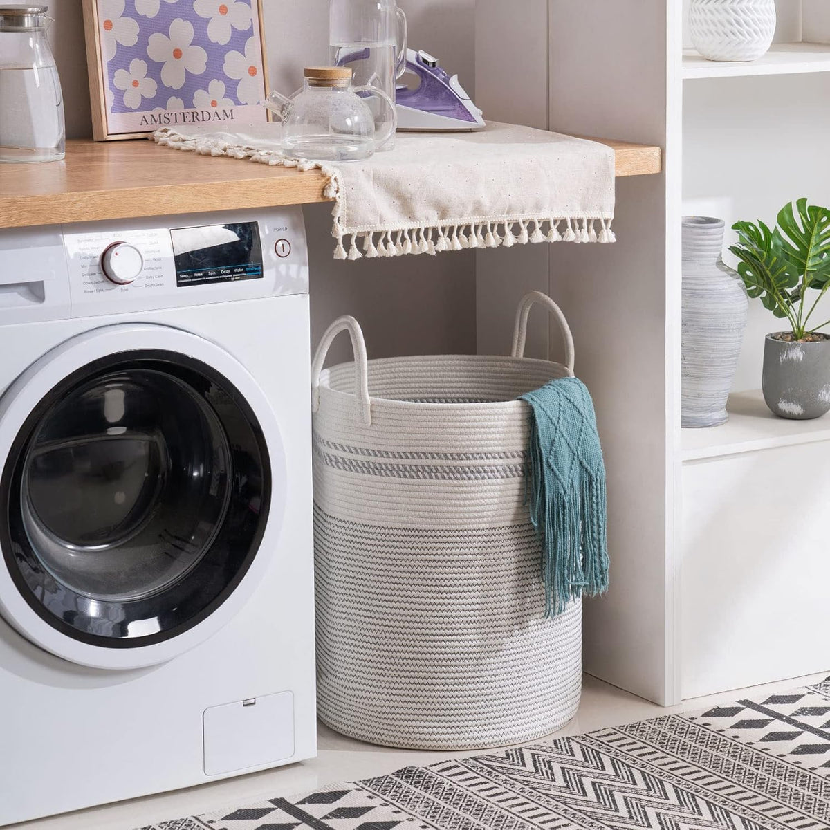 YOUDENOVA Woven Rope Laundry Hamper Basket, 58L Tall Luandry Basket, Baby Nursery Hamper for