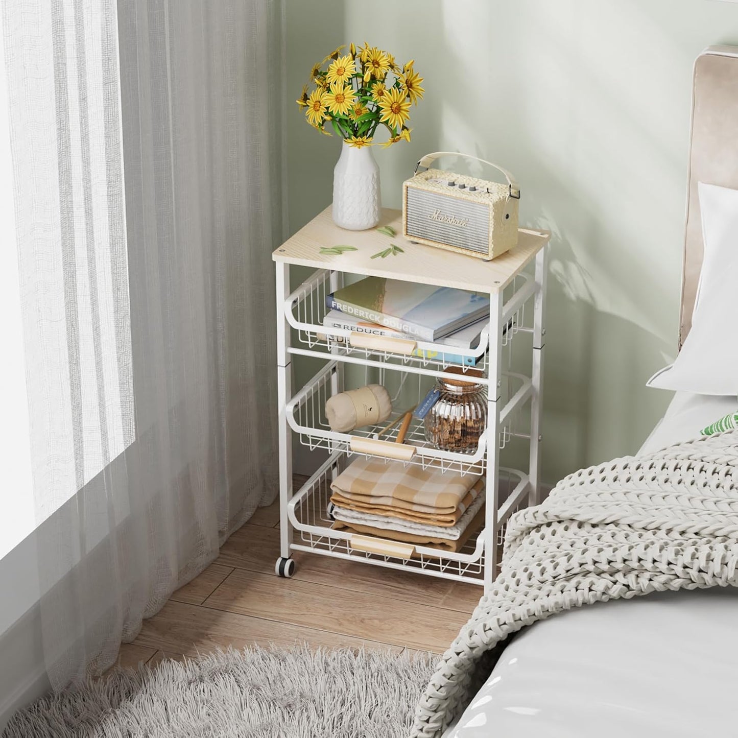 4-Layer Fruit Basket Kitchen Food Organizer and Rack, Stackable Storage Cart with Desktop, Pull-Out