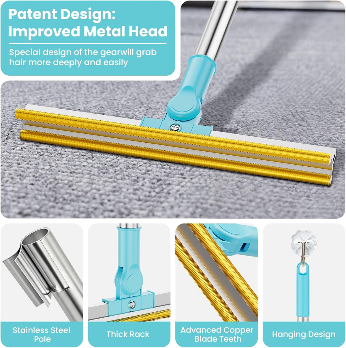 3 in 1 Carpet Rake for Pet Hair Removal, Tool Set of 3, 55” Long Handle Carpet Pet Hair Removal
