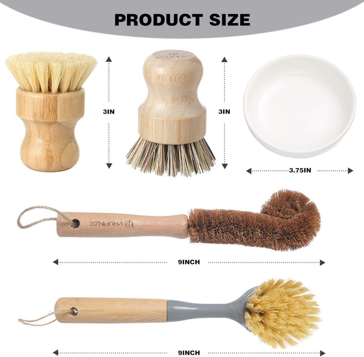 Natural Bamboo Dish Brush Bottle Scrub Brush 4-Piece Set, with Ceramic Soap Dispenser - Wooden