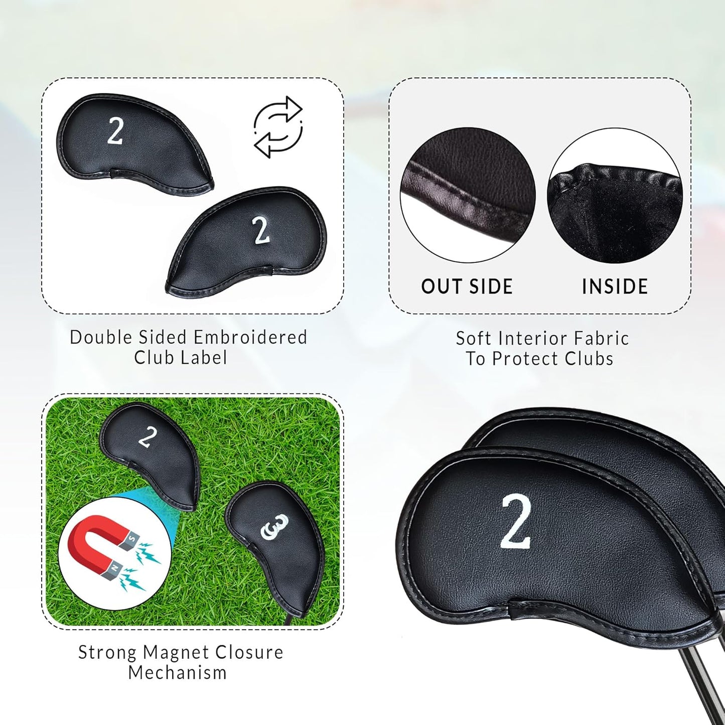 Premium Magnetic Leather Iron and Wedge Golf Club Head Covers | Set of 10 | Fits Most Clubs |