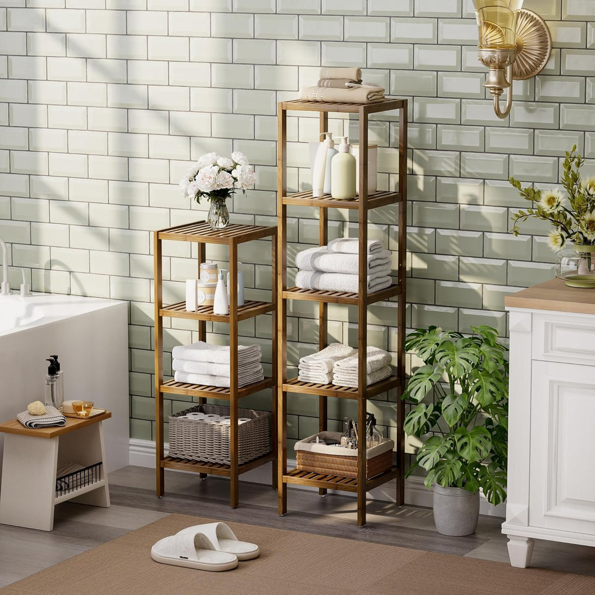 SMIBUY Bathroom Storage Shelf, 4-Tier Bamboo Rack Organizer, Multifunctional Shelving Unit for