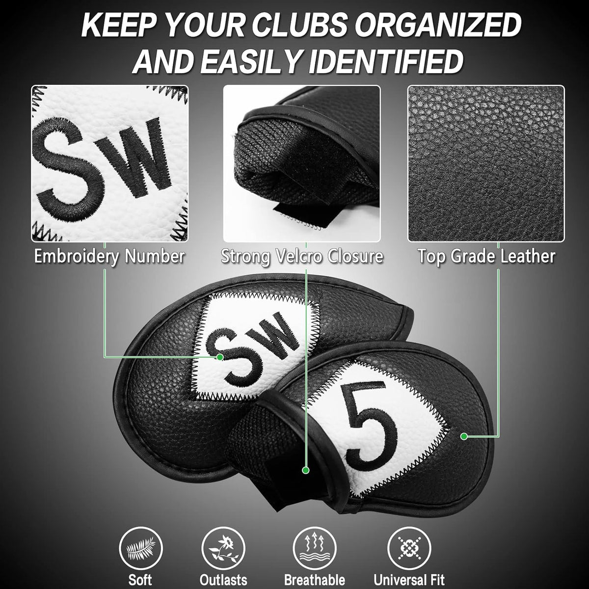 FINGER TEN Premium Synthetic Leather Stylish Iron & Wedge Golf Head Covers Value 12 Piece Set
