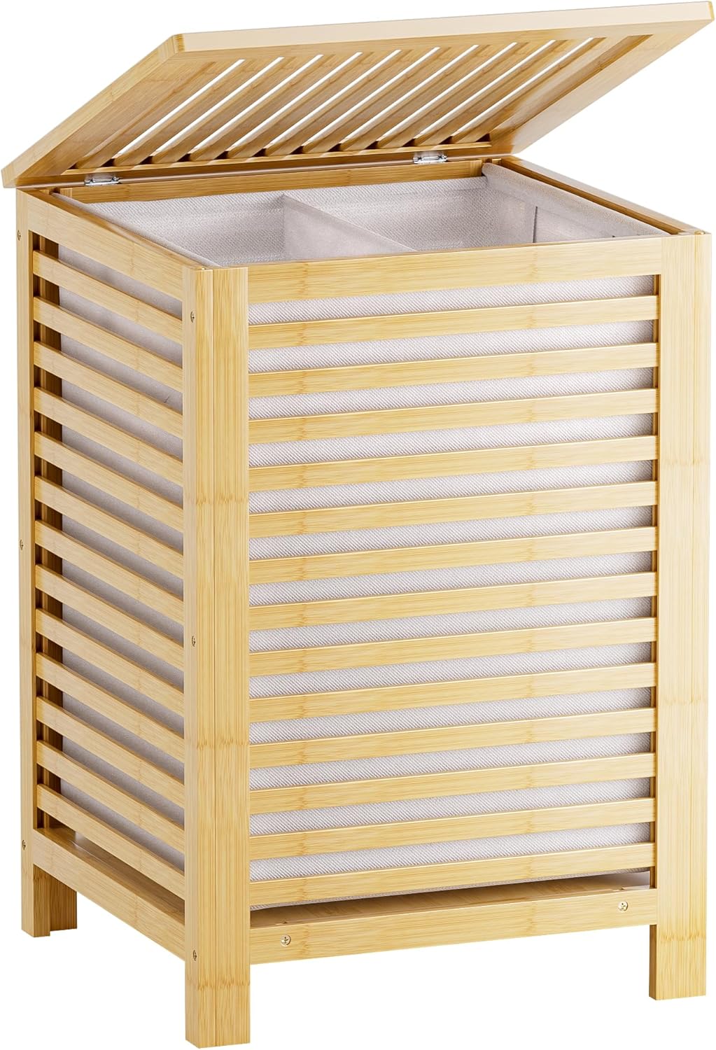 SMIBUY Double Laundry Hamper with Lid, 120L Bamboo Laundry Basket with Removable Liner Bag