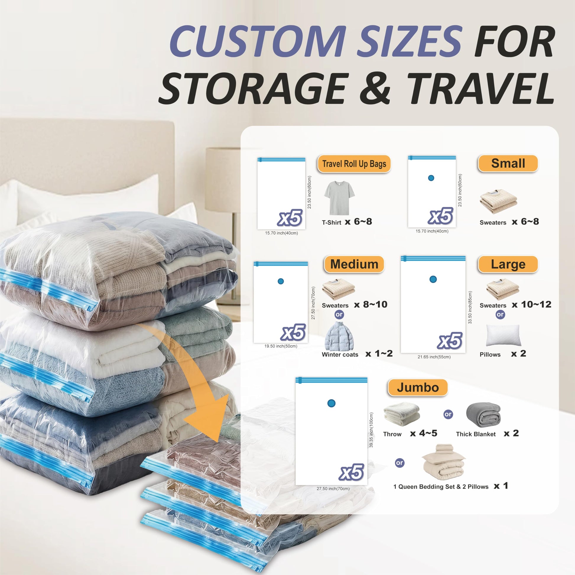 Cozy Essential Vacuum Storage Bags, 80% Compression Vacuum Seal Space Saver Plastic Packaging Bags