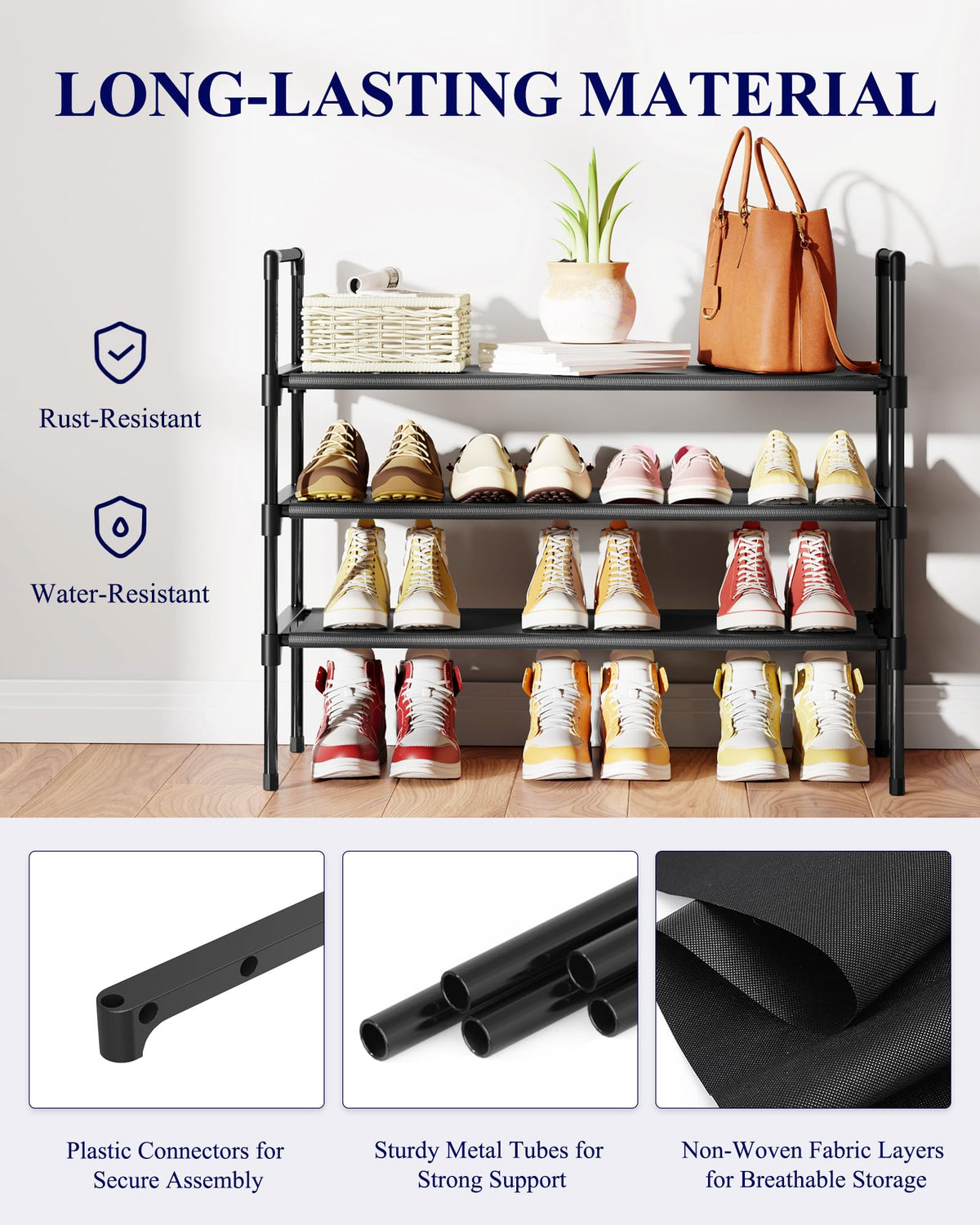 Kitsure Shoe Rack for Closet, Shoe Organizer, 27.6" Wide - 3 Tier, Black