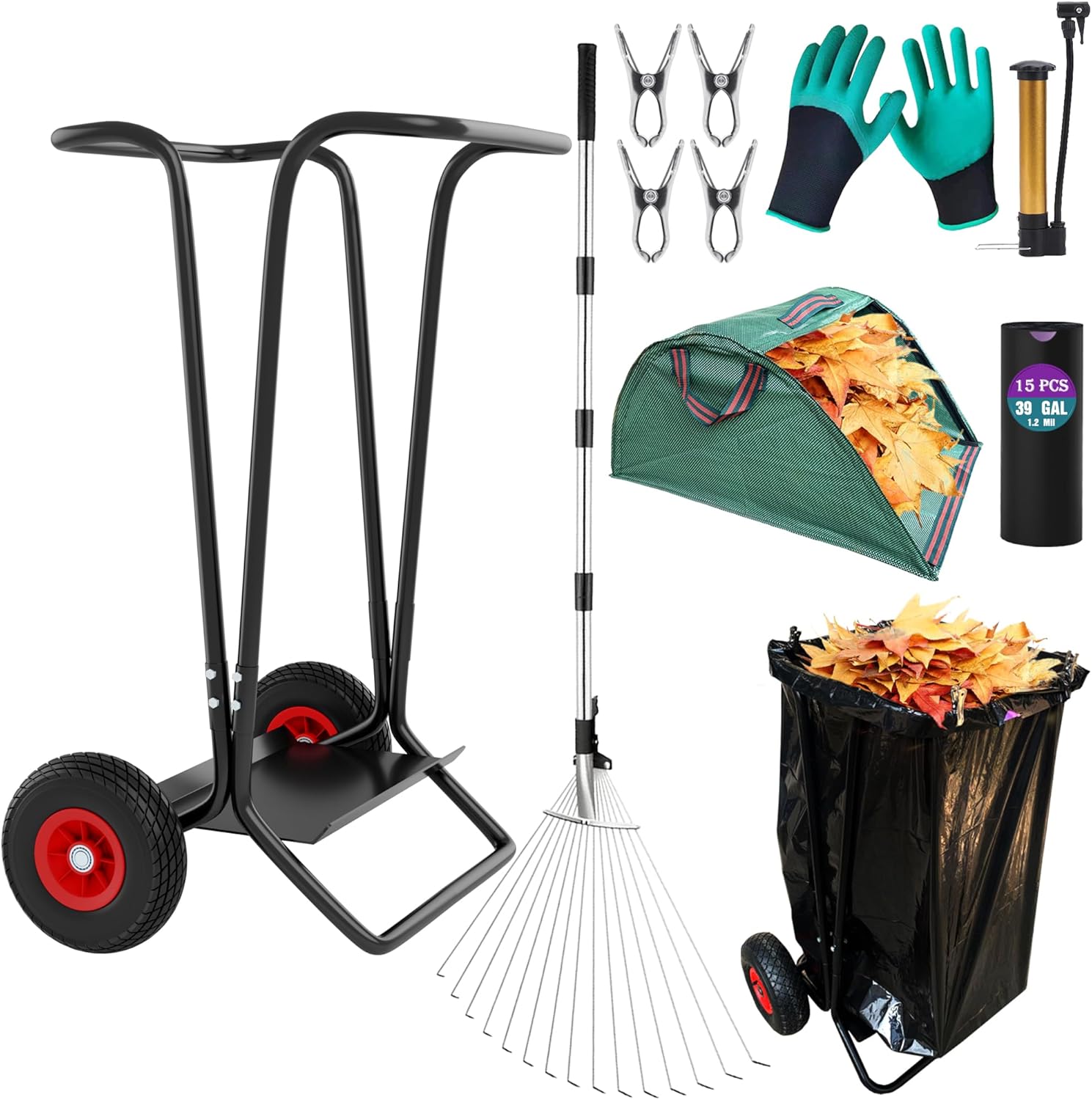 Mobile Trash Bag Holder Outdoor Lawn Leaf Bag Holder with Leaf Chute Metal Rake & 15 Count 39