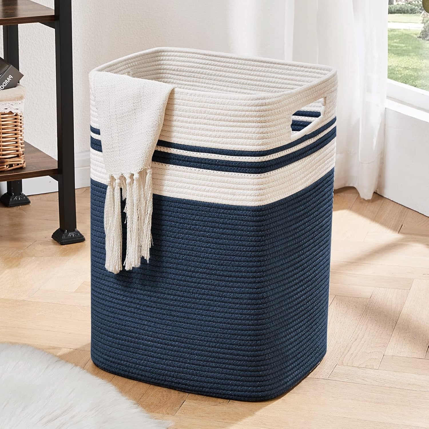 OIAHOMY Laundry Hamper-Laundry Basket,Tall Cotton Storage Basket with Handles,Decorative Blanket