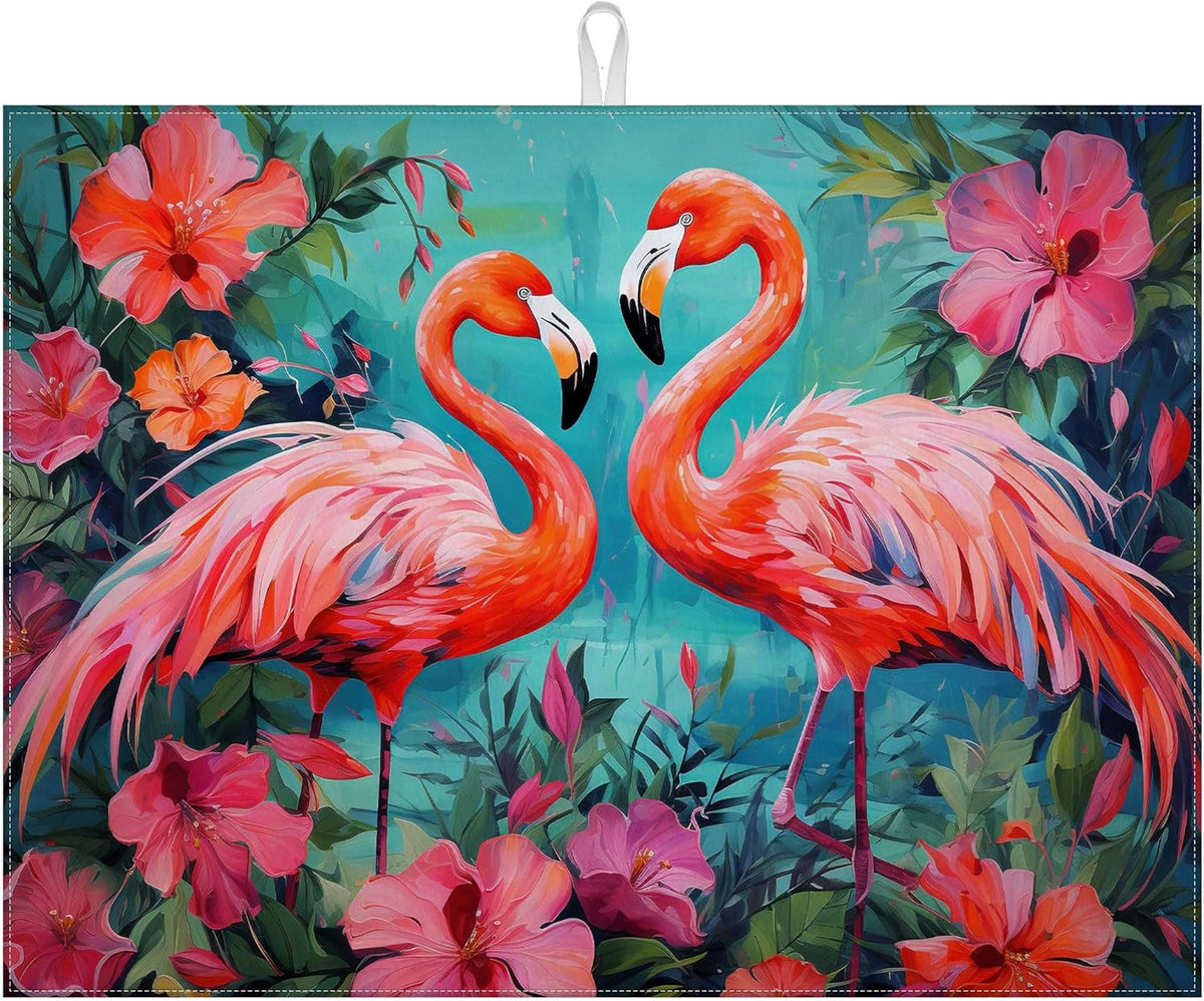 Tropical Flower Flamingo Dish Drying Mat for Kitchen Counter Microfiber Absorbent Dish Kitchen