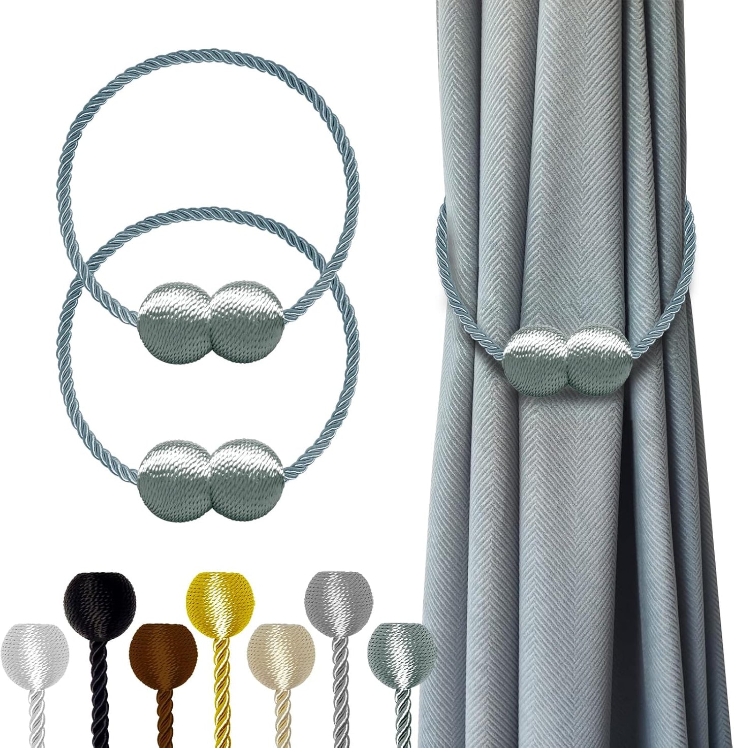 Hion Magnetic Curtain Tiebacks Gray Blue 2 Pack, Curtain Tiebacks Buckles Holdbacks Holders Hooks