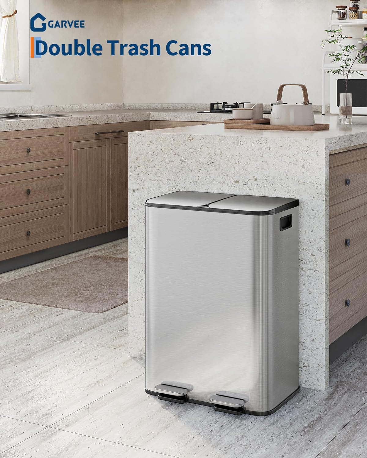 GarveeHome 2 x 8 Gallon Stainless Steel Double Trash Can with Lid for Kitchen, Large Dual Trash and