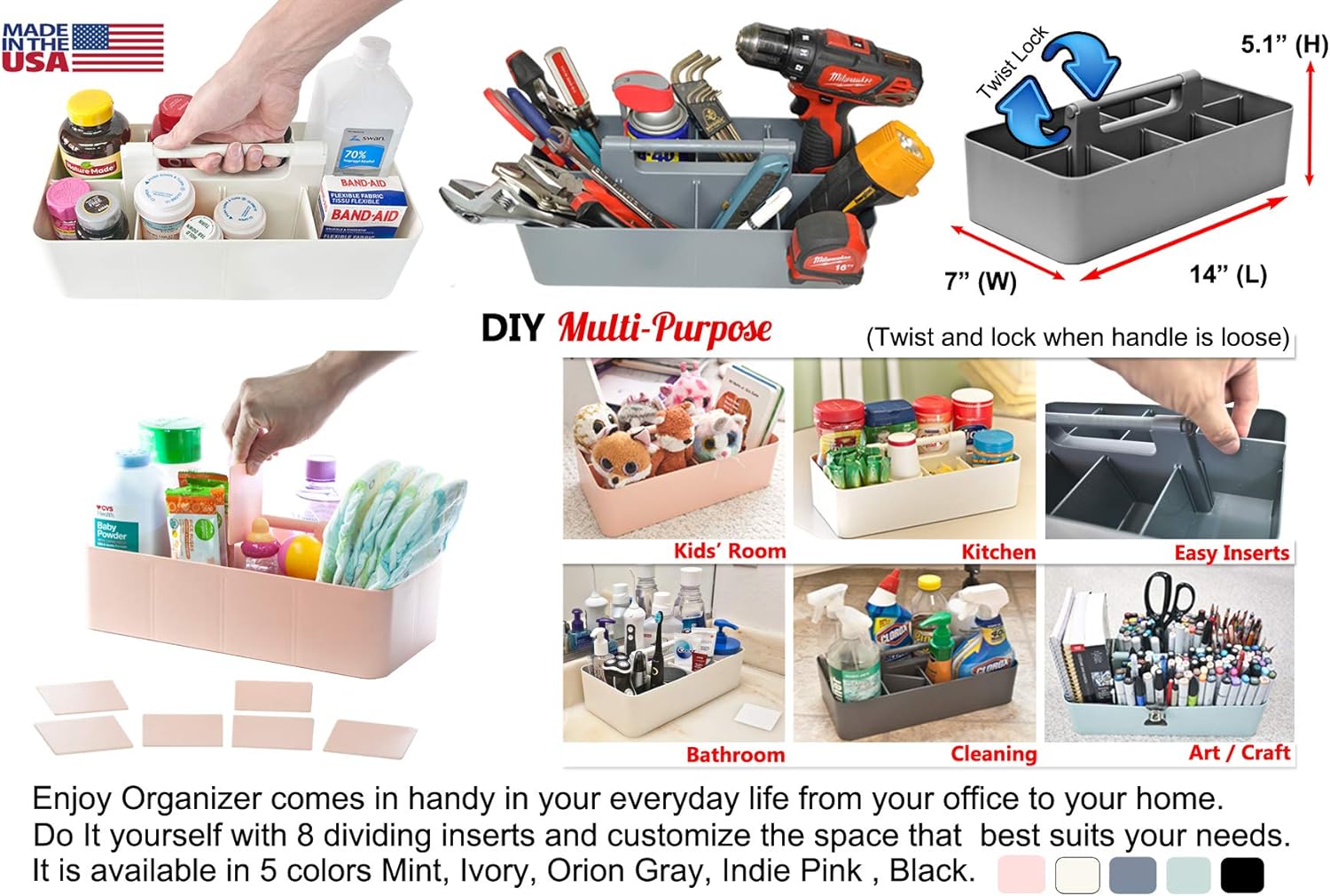 2 PACK - Portable DIY 8 Dividers Durable Plastic Tote Tool & Supply Cleaning Caddy with Handle Made
