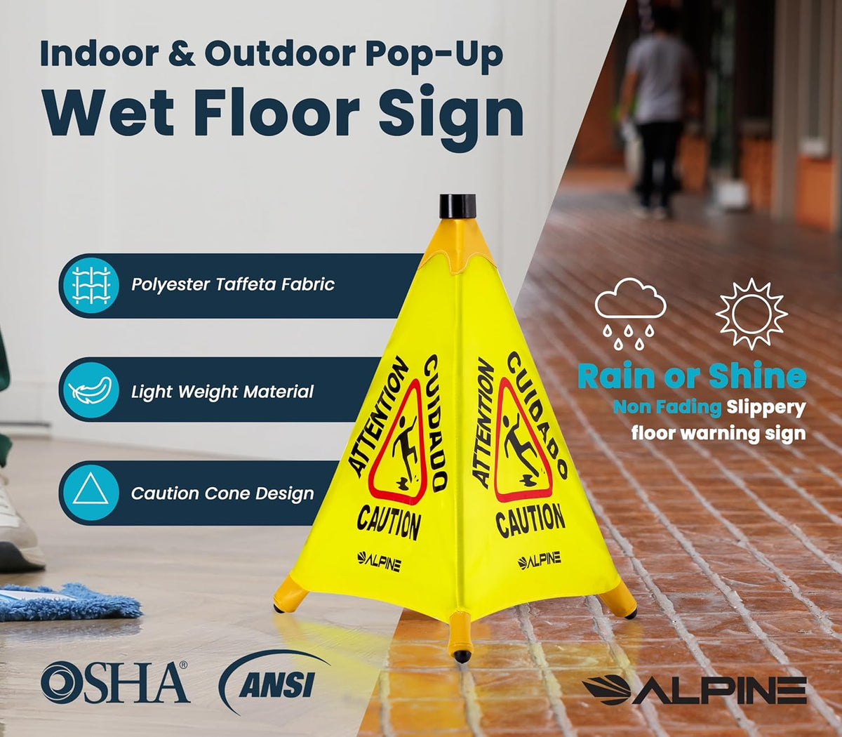 Alpine Caution Wet Floor Sign 3 Pack - Pop Up Slippery When Wet Sign, Wall Mounted Foldable