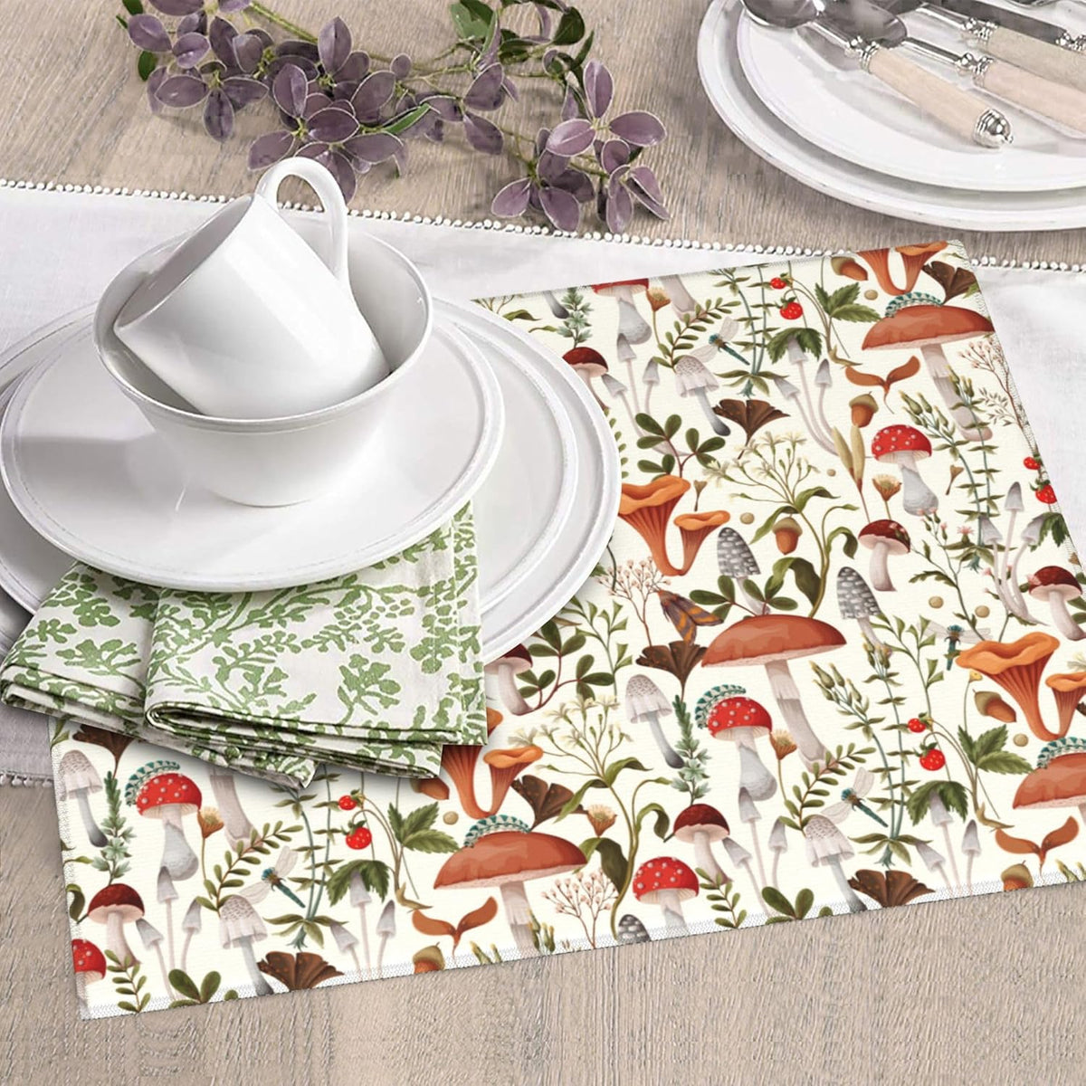 Boho Mushroom Decor Dish Drying Mat for Kitchen Counter Botanic Plant Beige Dish Drainer Rack Mats