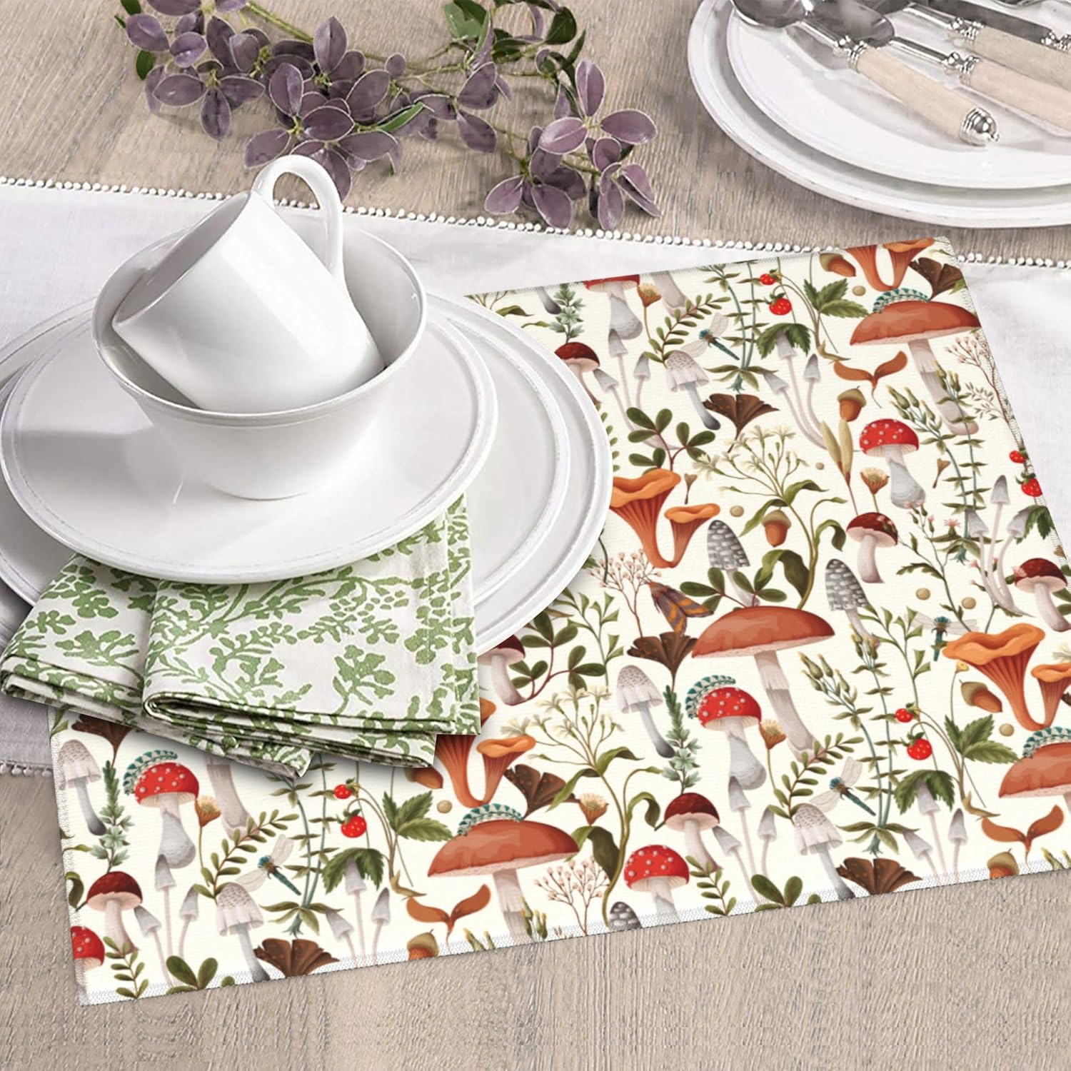 Boho Mushroom Decor Dish Drying Mat for Kitchen Counter Botanic Plant Beige Dish Drainer Rack Mats