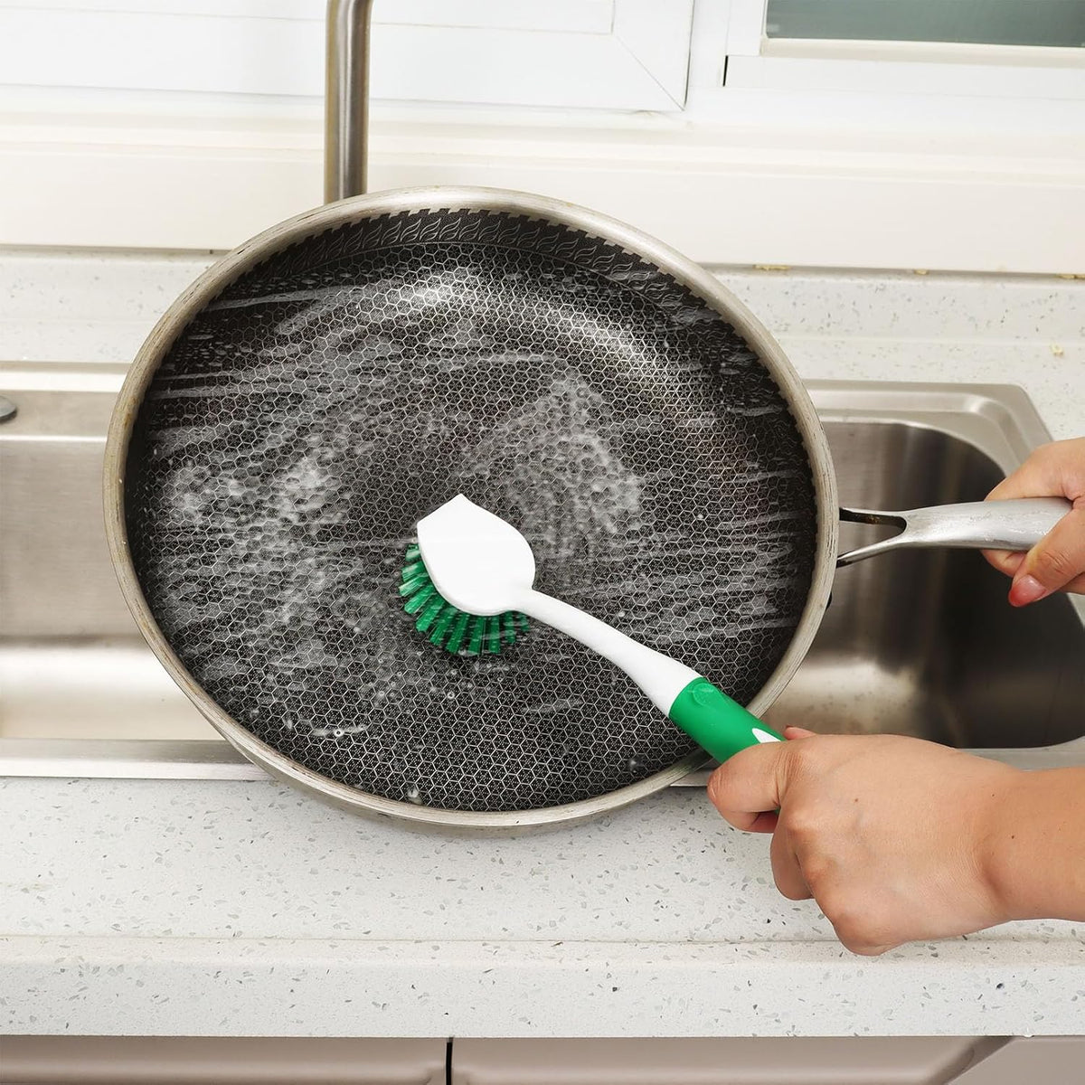Dish Brush with Handle, 2 Pack Scrub Brushes with Built-in Scraper for Cleaning Kitchen, Pots, Pans