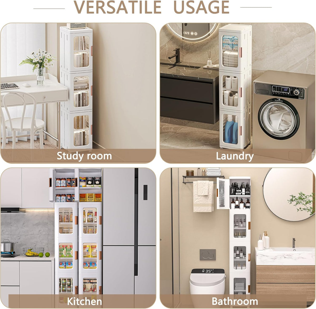 VECELO 4-Tier Tall Narrow Storage Cabinet with Movable Wheels, Adjustable Shelves, Anti-Tip, Slim