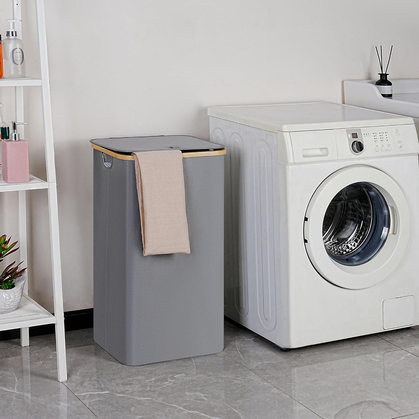 efluky Laundry Basket with Lid and Removable Bag, 100L Tall Laundry Hamper with Bamboo Handles