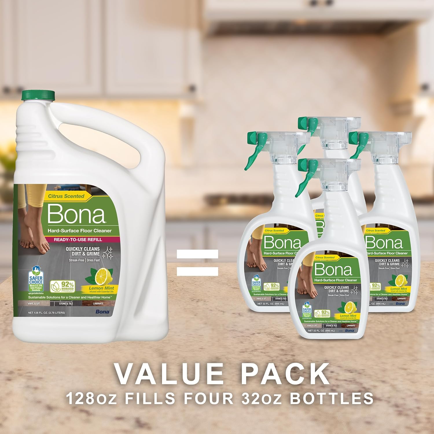 Bona Multi-Surface Floor Cleaner Refill - 128 fl oz - Lemon Mint - Residue-Free Floor Cleaning