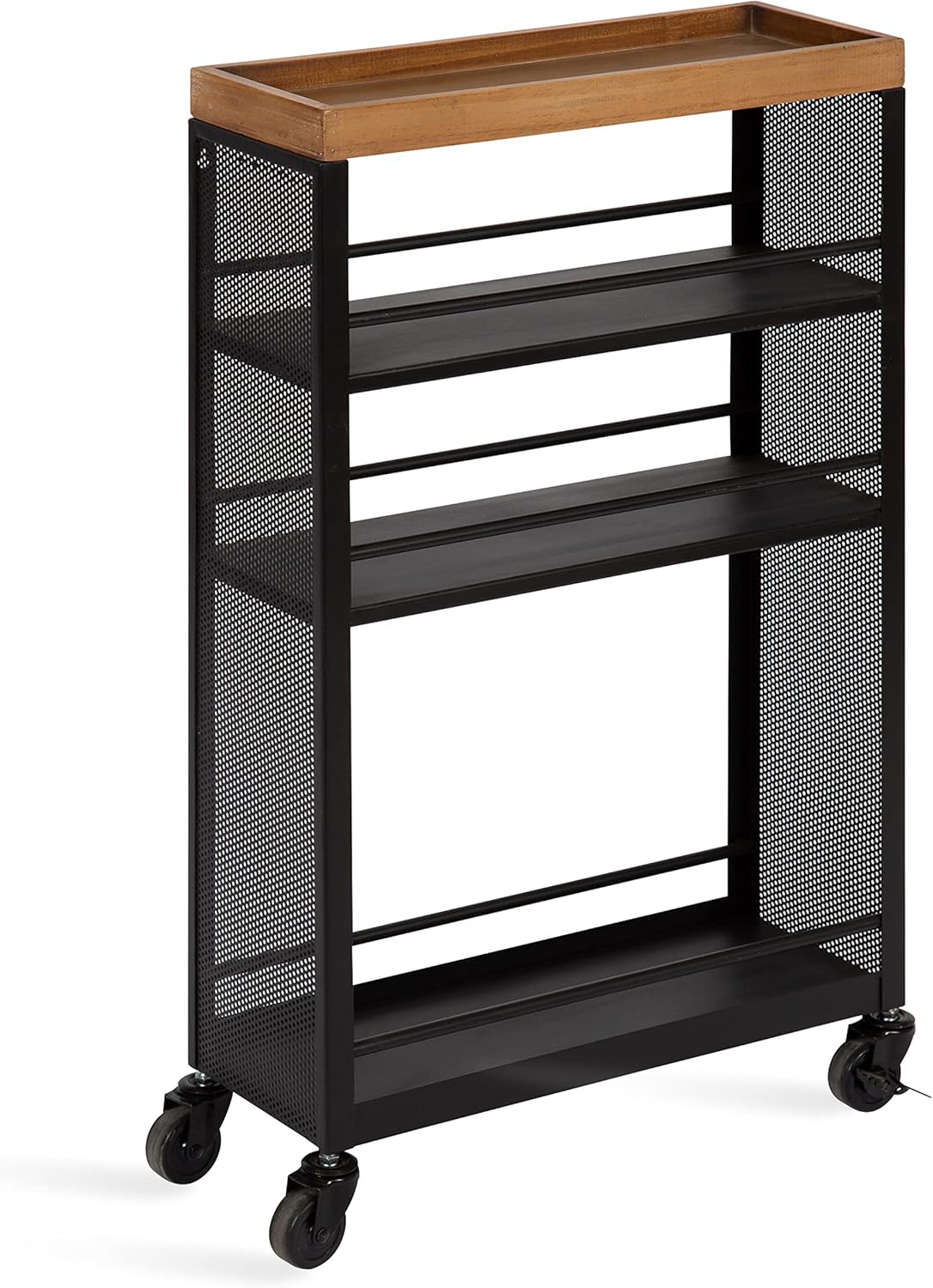Kate and Laurel Piazza Decorative Slim Storage Cart, 18 x 7 x 30, Natural Wood and Black
