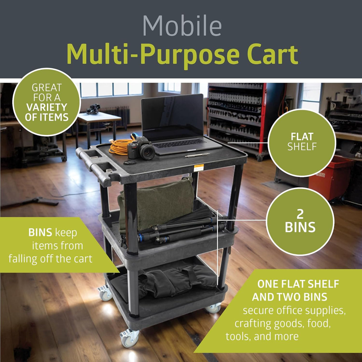 Pearington 3-Shelf Multipurpose Mobile Utility Cart with 2 Bins and Lockable Wheels, Heavy-Duty