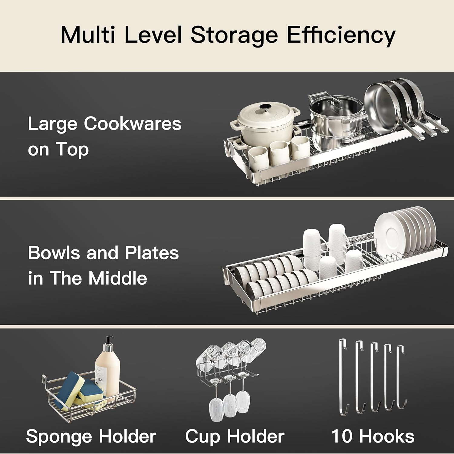 3 Tier Extra Large Stainless Steel Expandable Over The Sink Dish Drainer Drying Rack, Rust Proof