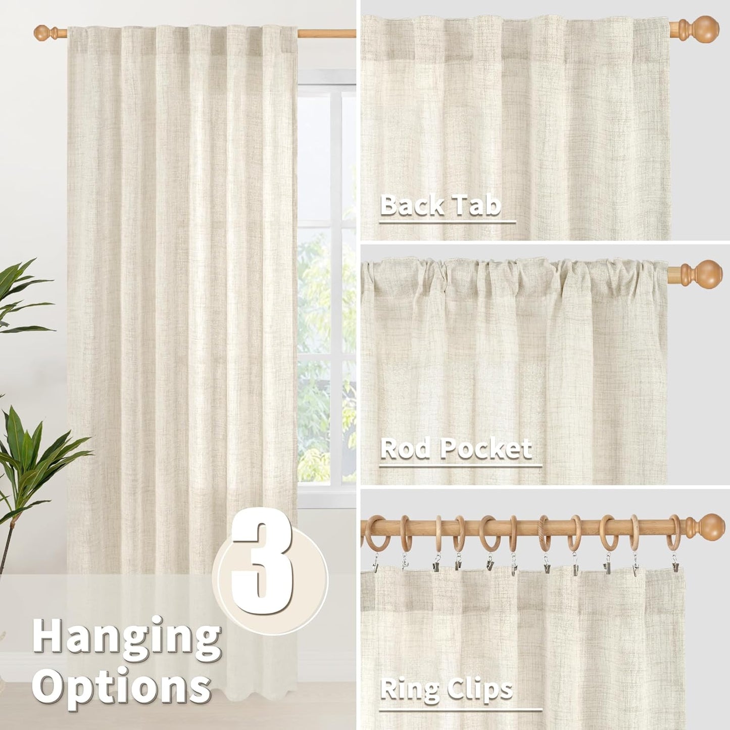 YoungsTex Linen Curtains 95 Inch Length for Living Room 2 Panels, Cream Semi Sheer Window