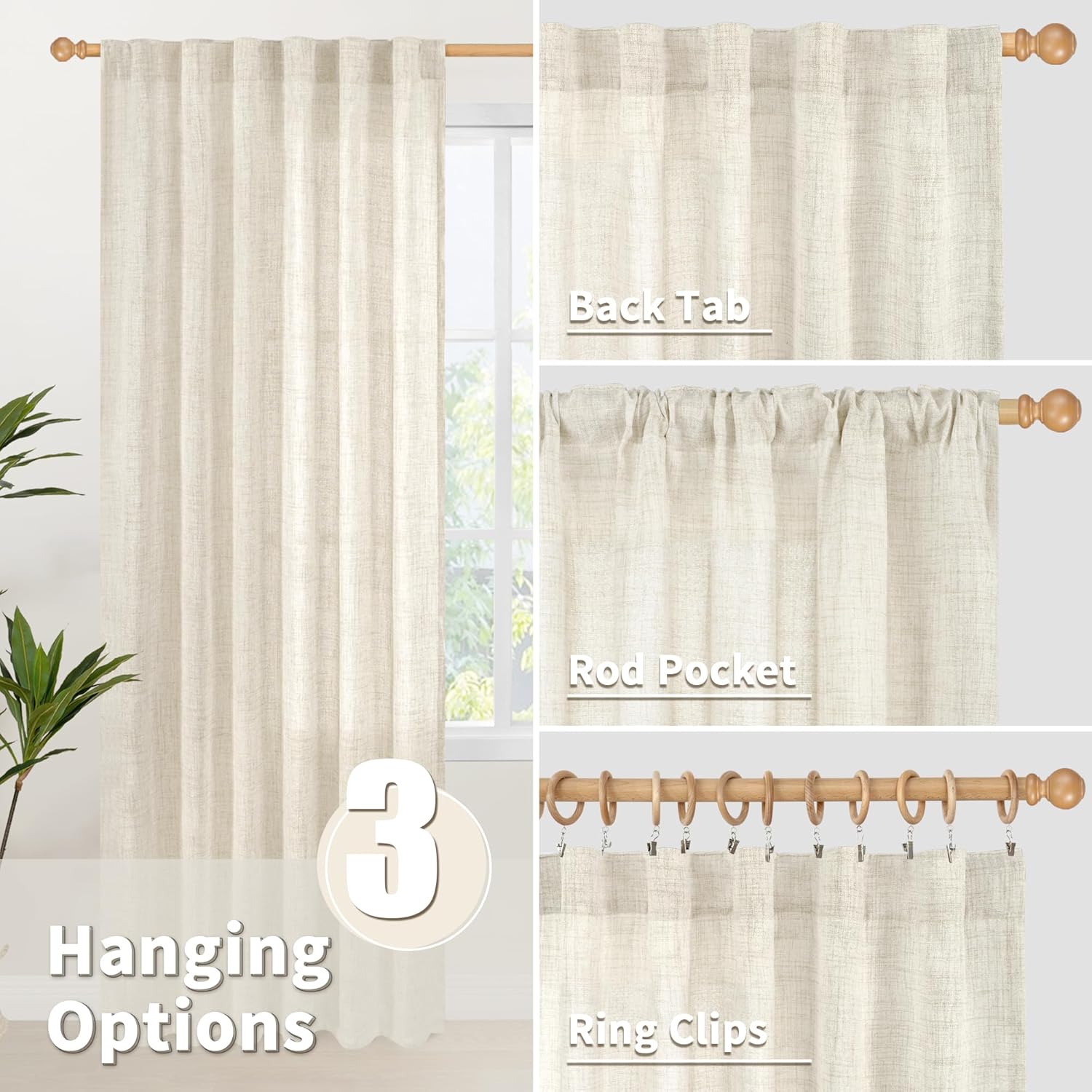 YoungsTex Linen Curtains 48 Inch Length for Kitchen, Semi Sheer Cream Window Drapes with Rod Pocket